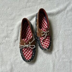 Sperry boat shoes red and white checkered pattern nautical anchor detail  8.5